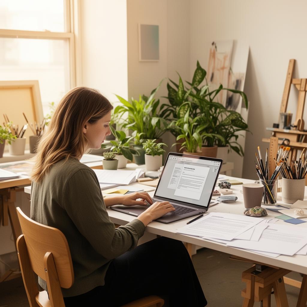 Artist working on a laptop to submit their project